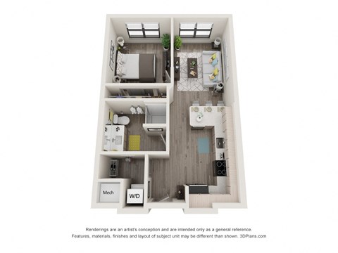 1 bed 1 bath floor plan P at Elevate Apartments, Madison, WI, 53718